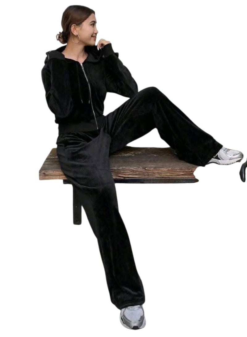 A velvet jumpsuit with a hood and wide-leg pants, suitable for sizes 65-85 kg.