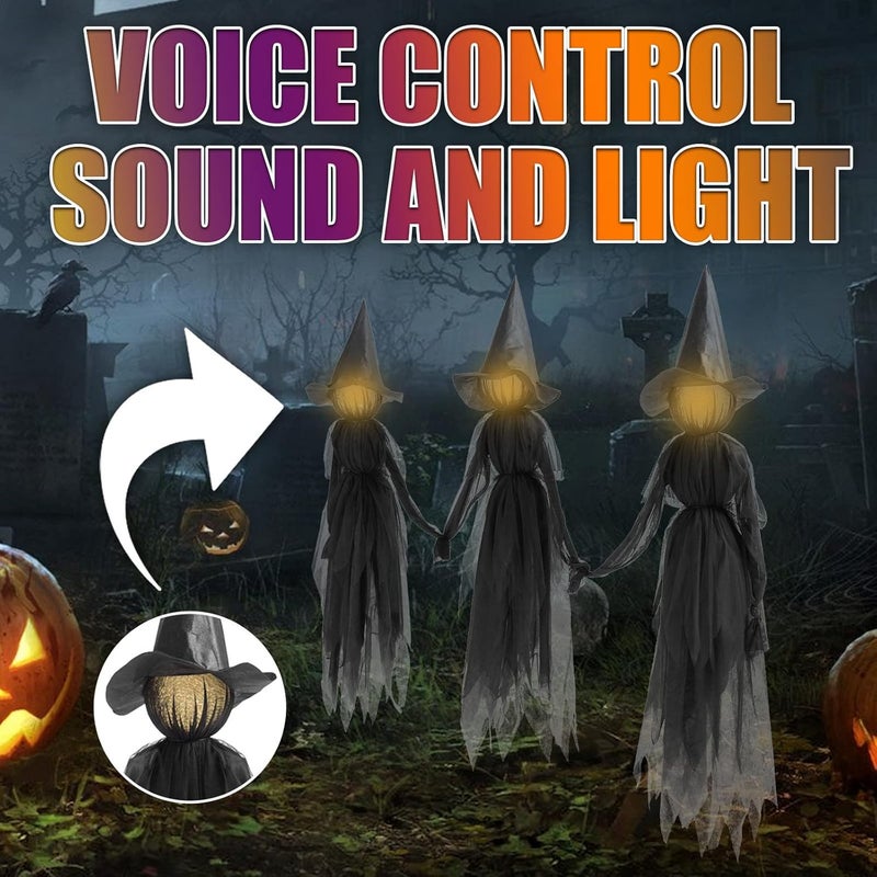 woobles Set of 3 Witch Halloween Decorations 59 inch Light-Up Halloween Witches with Stakes Sound-Activated Sensor Life Size Colour One Size - Image 2