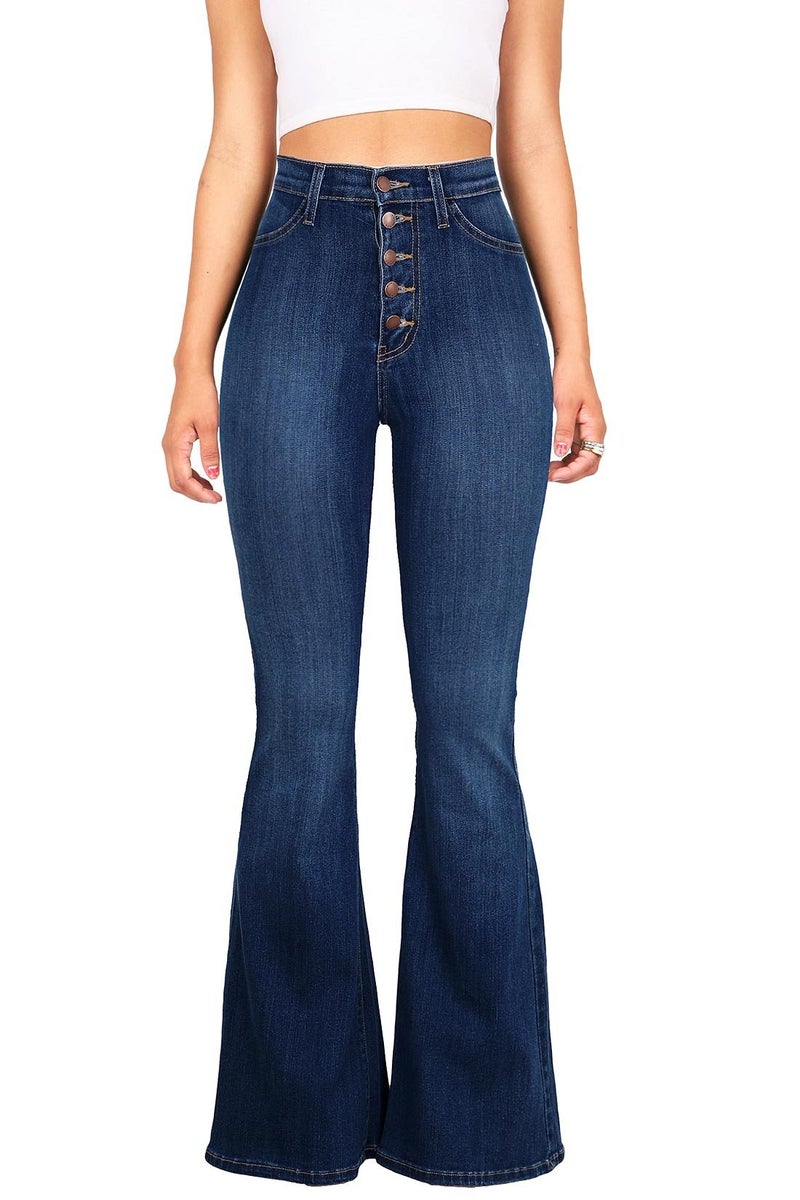 Vibrant Womenâ€™s Flare Denim Jeans â€“ High Waisted Button Up Bell Bottom Stretch Classic Flared Pants VP1115 DStone 9 - Image 1