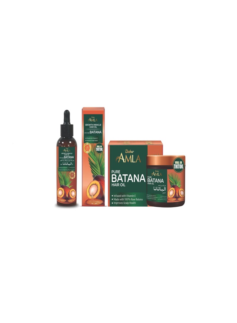دابر زيت دابر أملا بيور باتانا غروث ميراكل للشعر - 95 مل | مع 100% باتانا خام وفيتامين هـ | يعزز نمو الشعر، ويمنع تساقطه وهشاشته، ويحسن نعومته ولمعانه | مصدر أخلاقي من هندوراس | مناسب للنساء والرجال على حد سواء + زيت دابر أملا 100% باتانا خام - 120 جم | يعزز نمو الشعر، ويمنع تساقطه وهشاشته، ويحسن نعومته ولمعانه | باتانا طبيعي، غير مكرر ونقي | مصدر أخلاقي من هندوراس | مناسب لجميع أنواع الشعر | للنساء والرجال