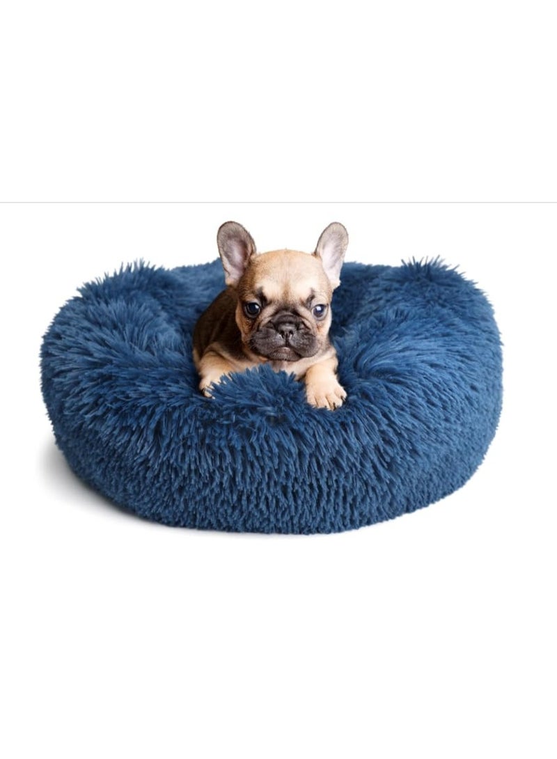 Large Fluffy Bed for Dogs & Cats – Blue | Ultra-Soft Faux Fur Donut Bed with Raised Rim & Anti-Anxiety Comfort - Image 1
