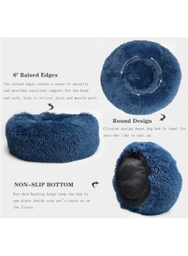 Large Fluffy Bed for Dogs & Cats – Blue | Ultra-Soft Faux Fur Donut Bed with Raised Rim & Anti-Anxiety Comfort - Image 2
