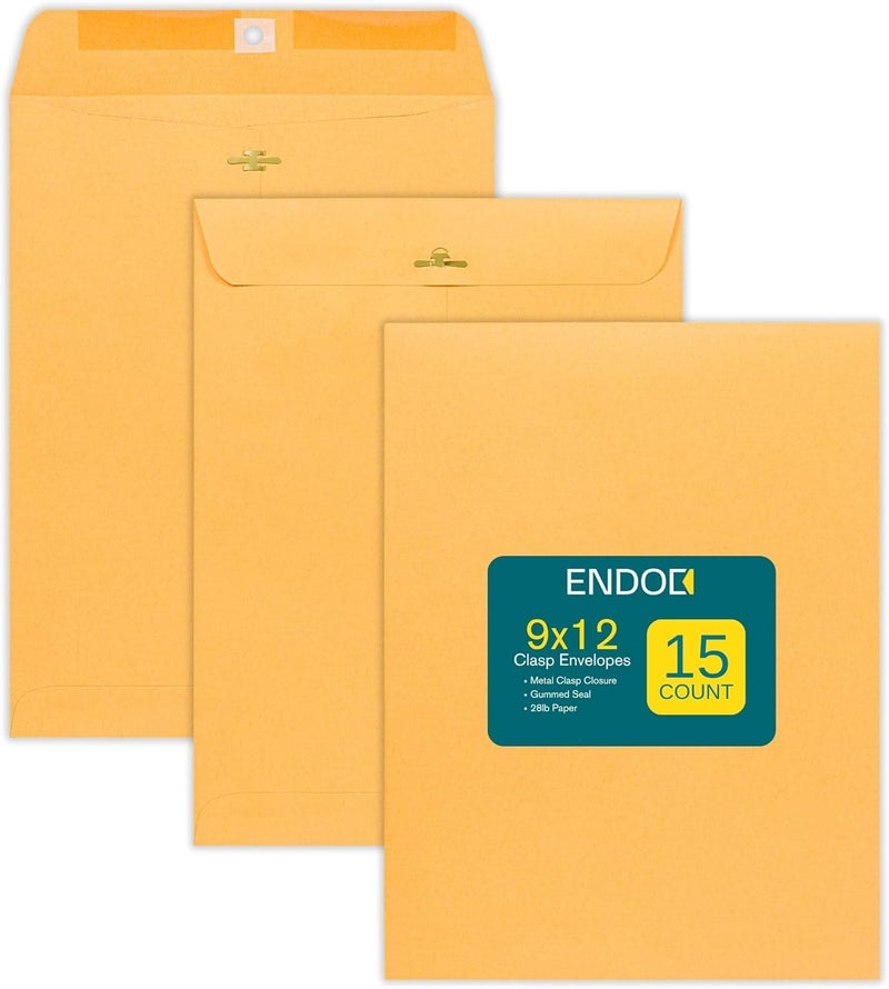 EnDoc Clasp Envelopes 9x12-15 Pack Brown Kraft Catalog Envelopes with Clasp Closure & Gummed Seal – 28lb Heavyweight Paper Envelopes for Home, Office, Business, Legal or School Pack- 9 x 12 Inch - Image 1