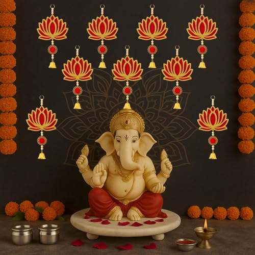 Panchhi Store Wall Hangings for Home Decoration Lotus Latkan Toran with Bells Diwali Dcor Items, Ganpati Decoration Items for Home Pooja Deocration Items for All Festivals Decore - Red Pack of 6 - Image 3