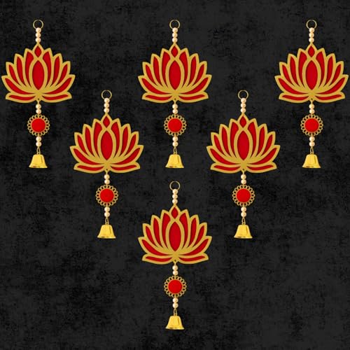 Panchhi Store Wall Hangings for Home Decoration Lotus Latkan Toran with Bells Diwali Dcor Items, Ganpati Decoration Items for Home Pooja Deocration Items for All Festivals Decore - Red Pack of 6 - Image 1