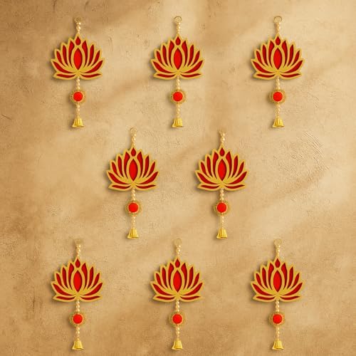 Panchhi Store Wall Hangings for Home Decoration Lotus Latkan Toran with Bells Diwali Dcor Items, Ganpati Decoration Items for Home Pooja Deocration Items for All Festivals Decore - Red Pack of 6 - Image 4