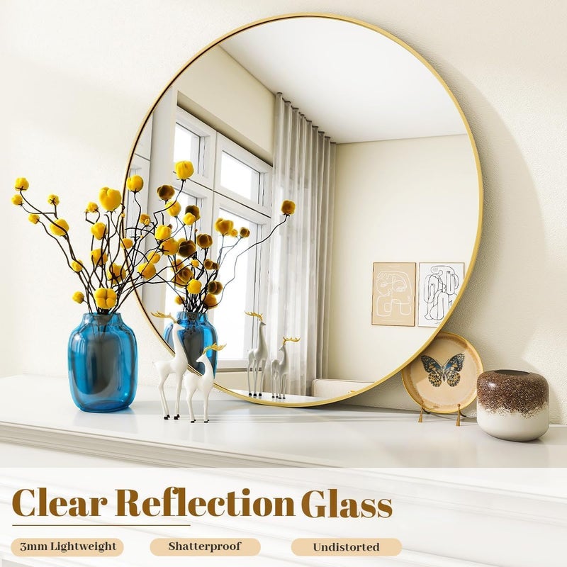 TNTAIAHL Black Round Bathroom Mirror, 24 inch Circle Mirror, Round Wall Mirror with Simple Metal Frame, Modern Round Hanging Mirror for Bathroom, Hallway, Living Room (Gold, 20x20) - Image 3