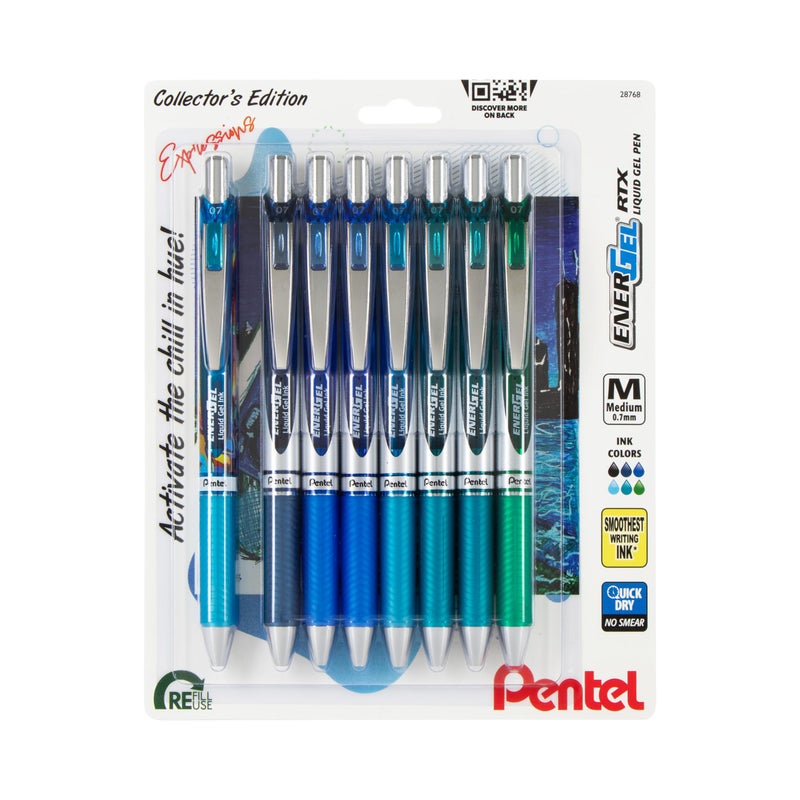Pentel قلم جل سائل قابل للسحب من بنتل إنرجل RTX، مجموعة تعبيرات مريحة، 0.7 مم، طرف معدني، خط متوسط، حبر متنوع، عبوة من 8 أقلام (BL77XCHIBP8M) - Image 1