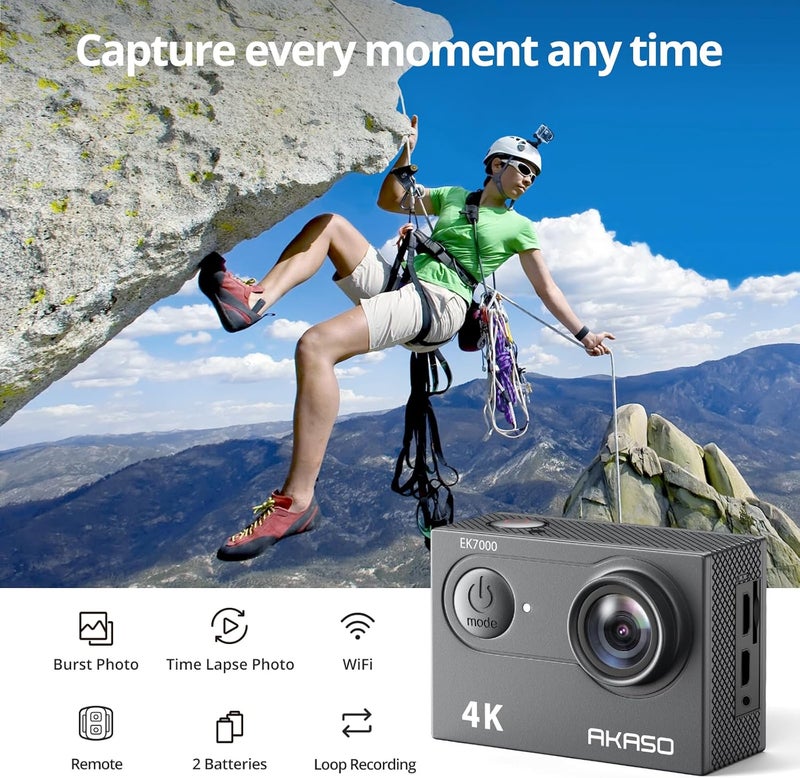 Akaso EK7000 4K30FPS 20MP WiFi Action Camera with EIS 4X Zoom Ultra HD 131FT Waterproof Underwater Camera with 170 Degree Wide Angle Remote Control Support External Microphone (64 GB) - Image 2