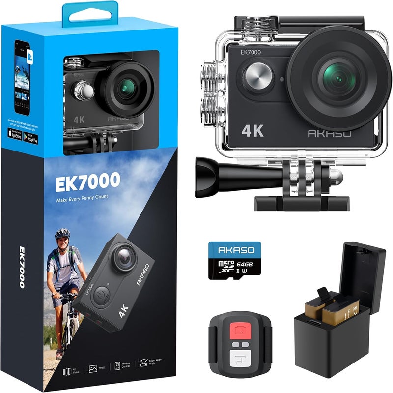 Akaso EK7000 4K30FPS 20MP WiFi Action Camera with EIS 4X Zoom Ultra HD 131FT Waterproof Underwater Camera with 170 Degree Wide Angle Remote Control Support External Microphone (64 GB) - Image 1