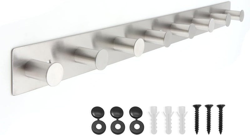 AJLTPA Coat Rack Wall Mounted, White Coat Hooks Screw in, Stainless Steel Door Hooks for Hanging Hat Towels Clothes, Hook Rail with 8 Round Hangers (Silver, 8 Hooks) - Image 1