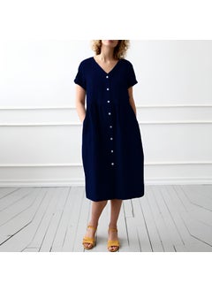 1Tarz 1Style Barbora Linen Casual Summer V Neck Short Sleeve Button Detail Women's Dress LN278LACIVERT14  - Image 2