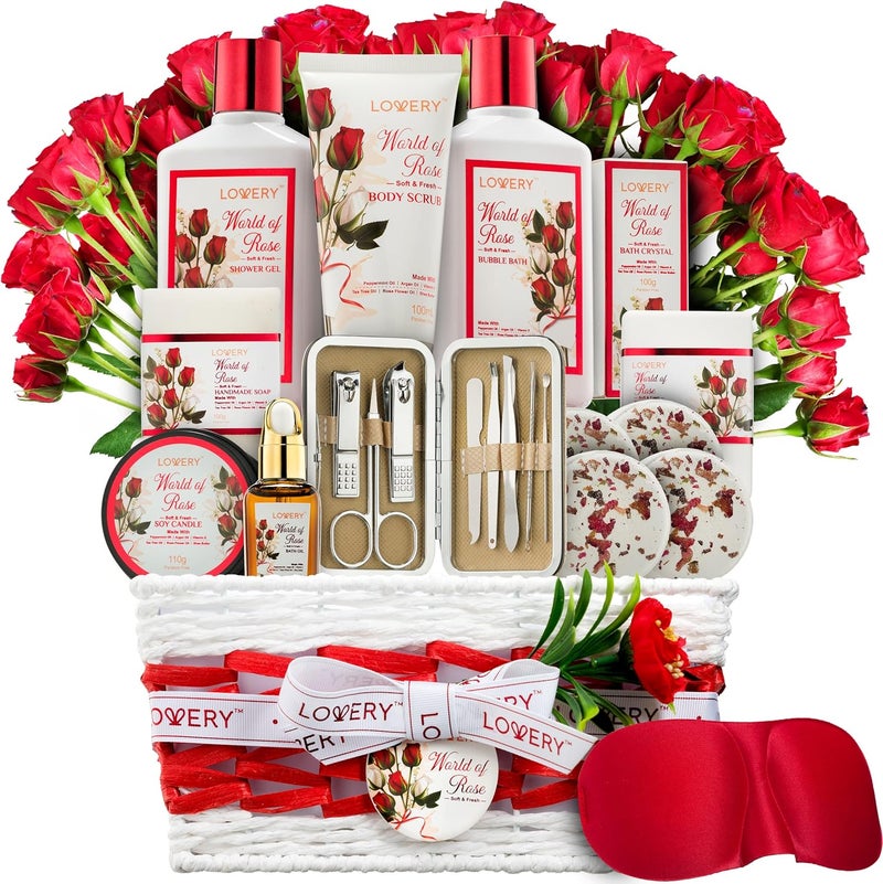 Spa Gifts for Women Bath and Body Gift Set Red Rose Gift Basket 35 Piece Stress Relief Spa Kit Thank You Birthday Mom Gifts with Nail Care Kit Body Scrub Bubble Bath Bath Bomb Lotions  More