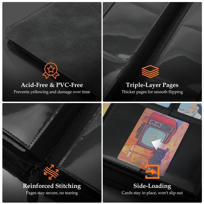Coolbyl Card Binder 9 Pocket - Premium Card Collection Binder for 360 Cards, Durable Side-Loading Card Album with Zipper, Perfect for TCG, MTG, and Sports Cards, Black - Image 4