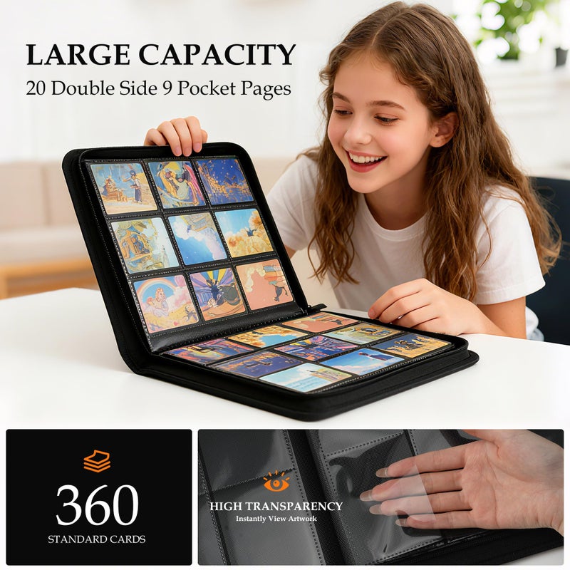 Coolbyl Card Binder 9 Pocket - Premium Card Collection Binder for 360 Cards, Durable Side-Loading Card Album with Zipper, Perfect for TCG, MTG, and Sports Cards, Black - Image 5