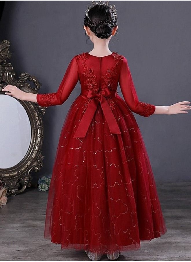 Best Gift Fashion - فستان بناتي طويل مزين بالترتر وأكمام طويلة لحفلات أعياد الميلاد، لون أحمر - Image 1