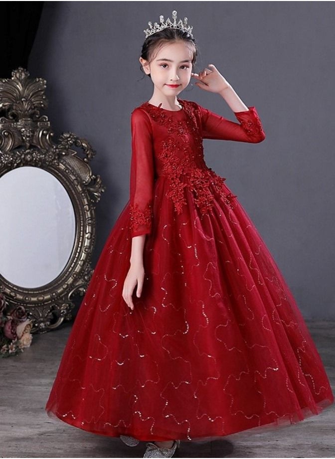 Best Gift Fashion - فستان بناتي طويل مزين بالترتر وأكمام طويلة لحفلات أعياد الميلاد، لون أحمر - Image 1