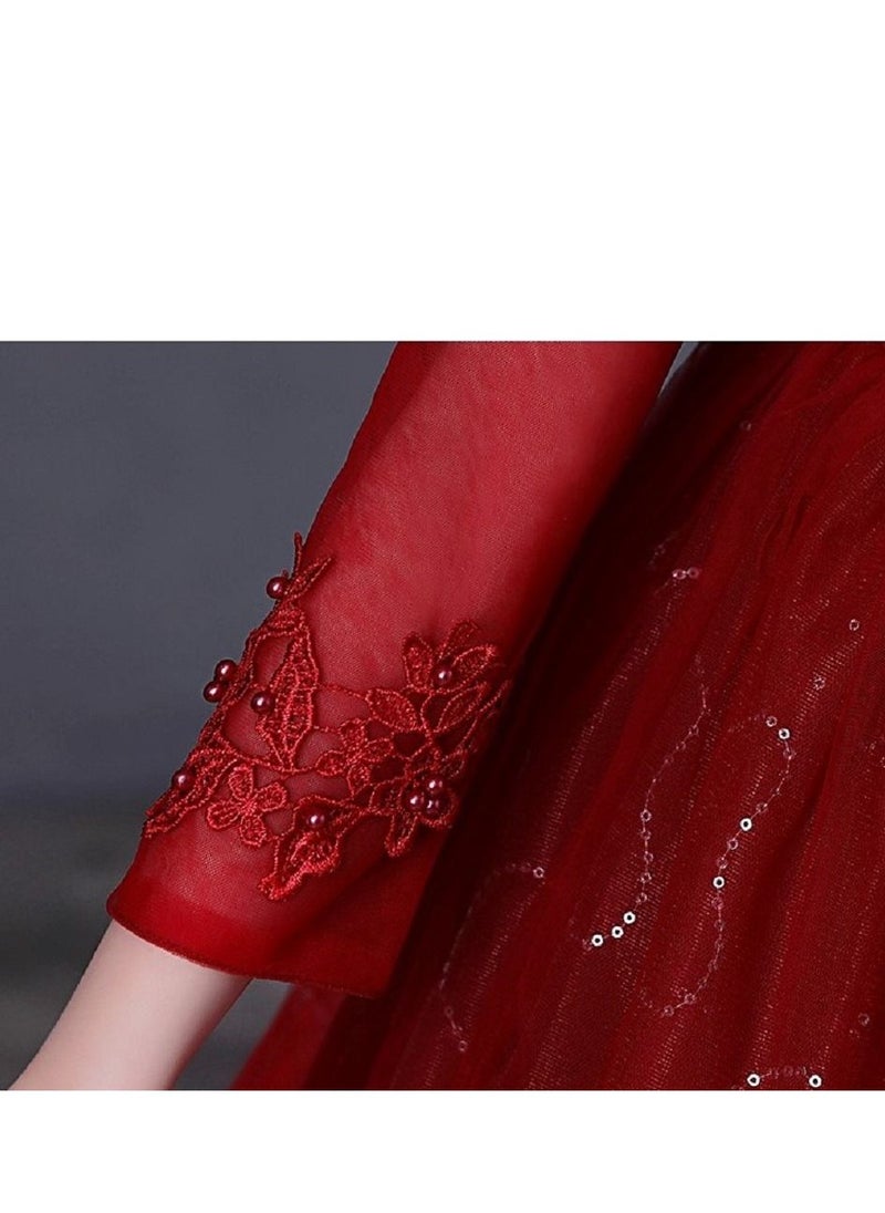 Best Gift Fashion - فستان بناتي طويل مزين بالترتر وأكمام طويلة لحفلات أعياد الميلاد، لون أحمر - Image 1