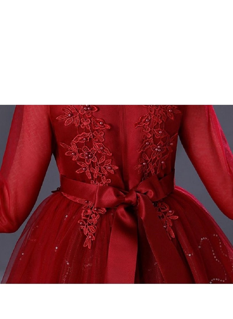 Best Gift Fashion - فستان بناتي طويل مزين بالترتر وأكمام طويلة لحفلات أعياد الميلاد، لون أحمر - Image 1