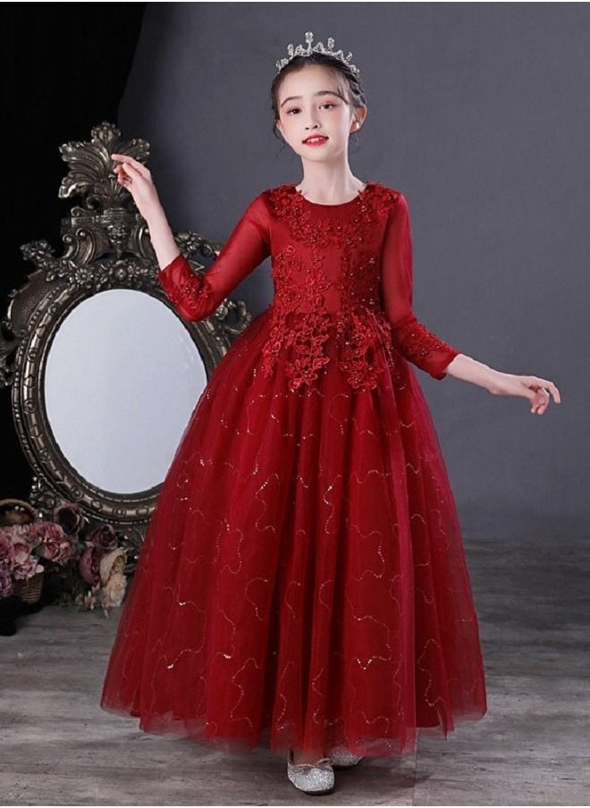 Best Gift Fashion - فستان بناتي طويل مزين بالترتر وأكمام طويلة لحفلات أعياد الميلاد، لون أحمر - Image 1