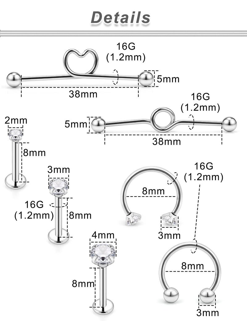 Ocptiy 16G Industrial Earrings Piercing Jewelry for Women Stainless Surgical Steel Industrial Barbell Bar Cartilage Helix Tragus Conch Rook Daith Ear Earring Ring Stud Hoop Piercing Jewelry Women Men - Image 4