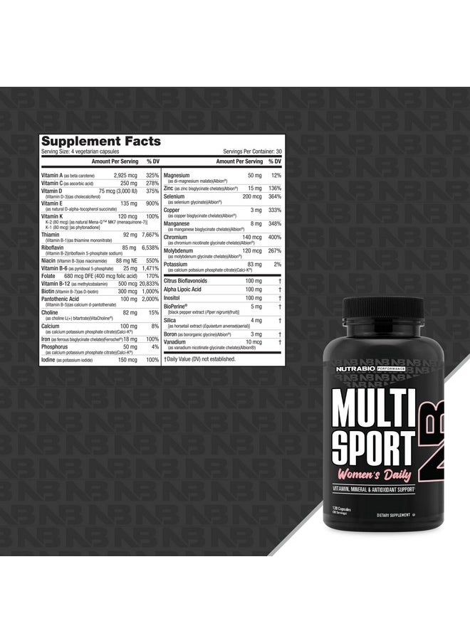 NutraBio NutraBio Multisport for Women - Womens MultiVitamin - 33 Vitamins, Minerals, Micronutrients - Rich in Antioxidants - Supports Peak Athletic Performance, Energy, Metabolism (120 Vegetable Capsules)  - Image 2