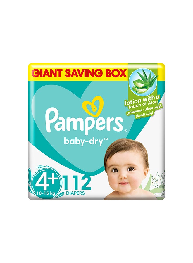Pampers Baby-Dry Taped Diapers with Aloe Vera Lotion up to 100% Leakage Protection Size 4+ 10-15kg 112 Count - Image 1