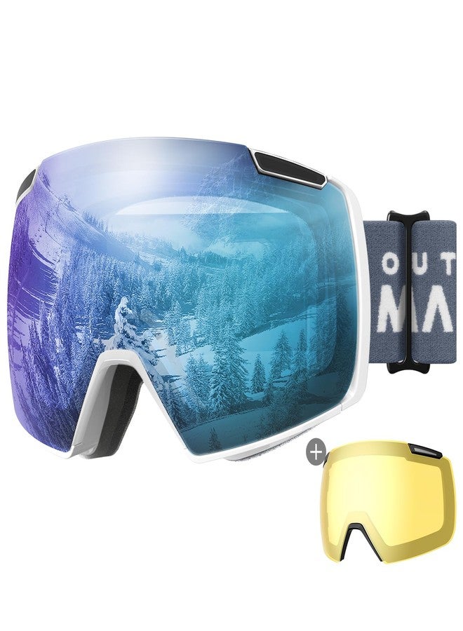 OutdoorMaster Heron Ski Goggles with 2 Lens, Frameless, Magnetic Interchangeable HD Toric Lens, OTG Snowboard Goggles(WhiteFrame IceBule Vlt 36% + YellowLens) - Image 1