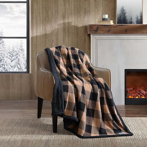Eddie Bauer Throw Blanket Brushed Fleece Plush Sherpa Soft Blanket Throw Blanket for Couch Bed Cabin Plaid Beige 50 x 60 - Image 1