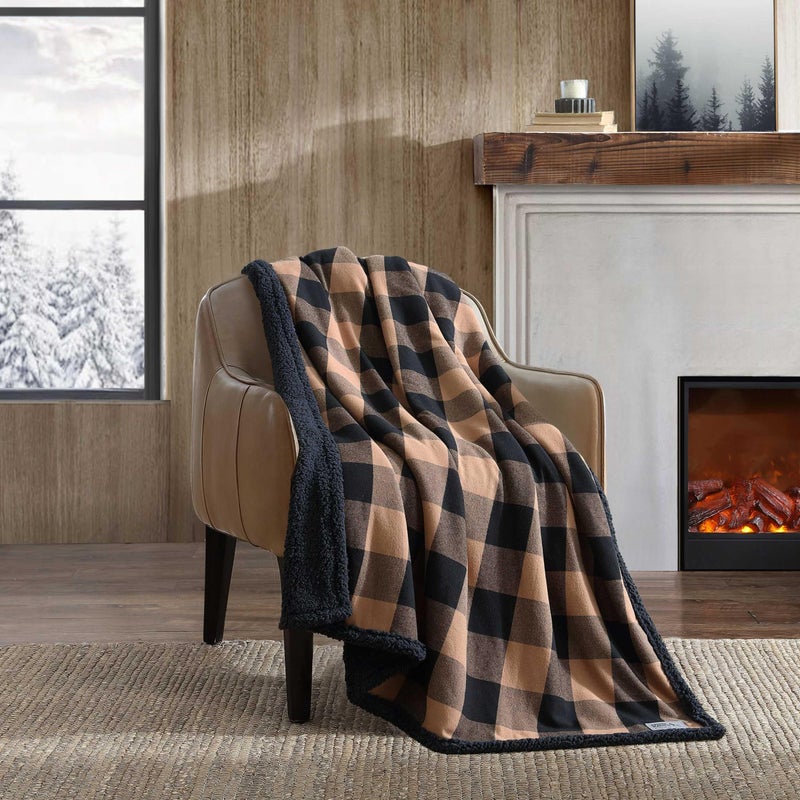 Eddie Bauer Throw Blanket Brushed Fleece Plush Sherpa Soft Blanket Throw Blanket for Couch Bed Cabin Plaid Beige 50 x 60 - Image 2
