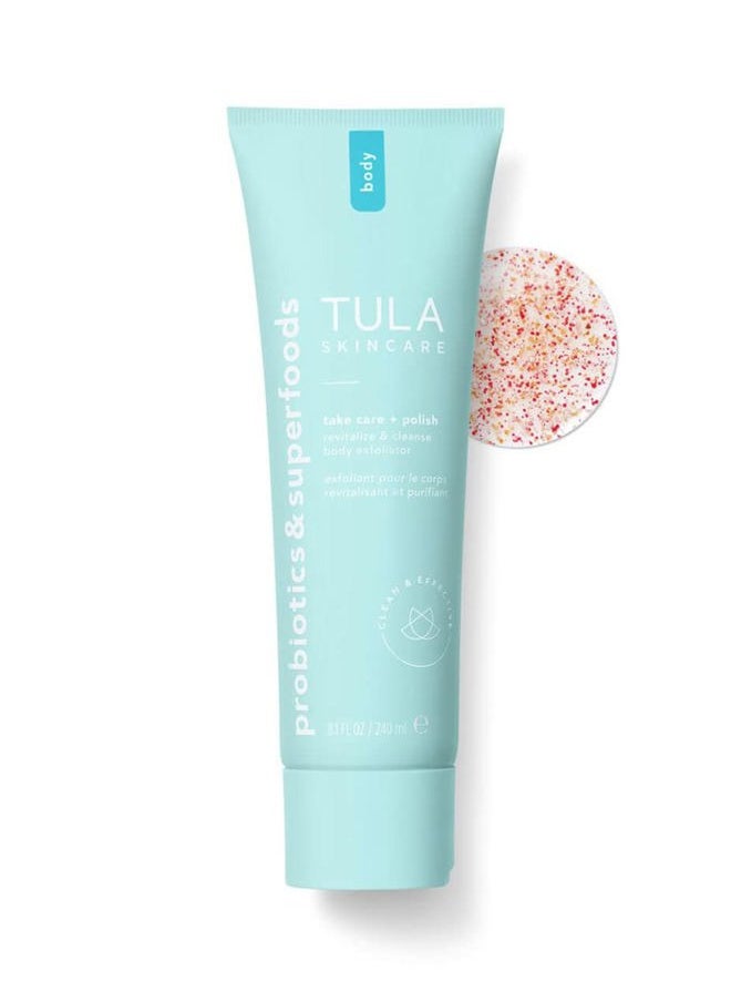 TULA Skin Care Take Care + Polish - Revitalize & Cleanse Body Exfoliator, 2-in-1, Buffs Away Dull Skin & Improves Skin Texture, Contains AHAs, Lemon, and Hibiscus, 8.1 fl oz.  - Image 1