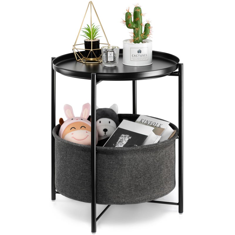danpinera Round Side Table with Fabric Storage Basket, Metal Small Bedside Nightstand Removable Tray Top for Living Room, Bedroom, Nursery, Laundry, Ink Black - Image 1