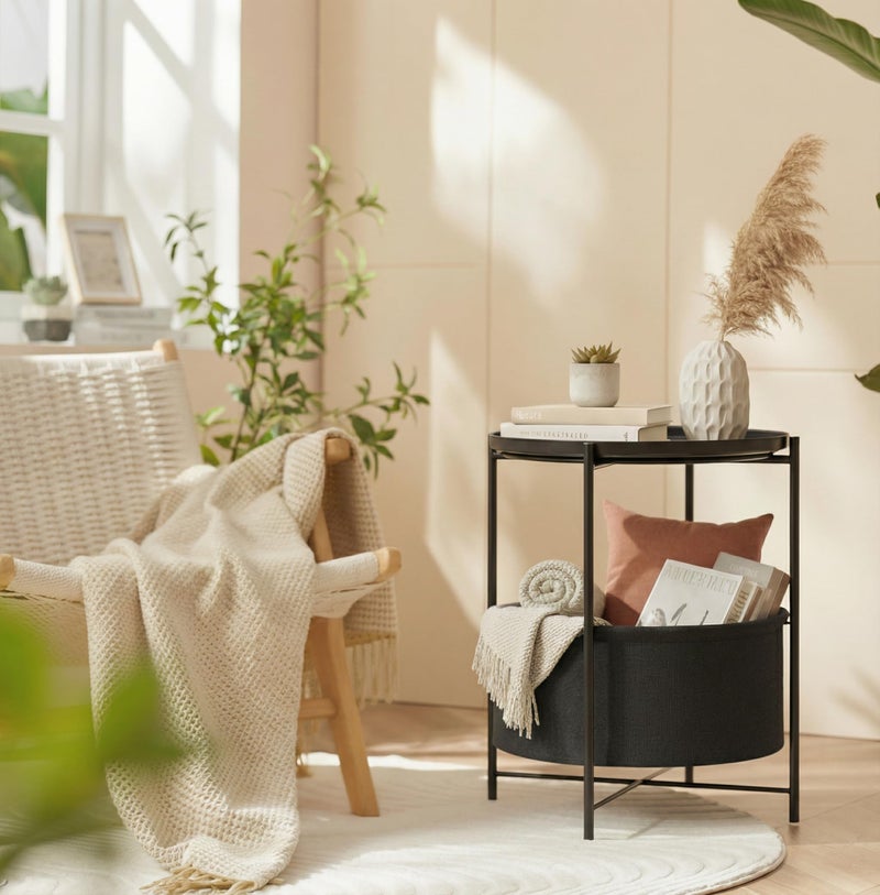 danpinera Round Side Table with Fabric Storage Basket, Metal Small Bedside Nightstand Removable Tray Top for Living Room, Bedroom, Nursery, Laundry, Ink Black - Image 2