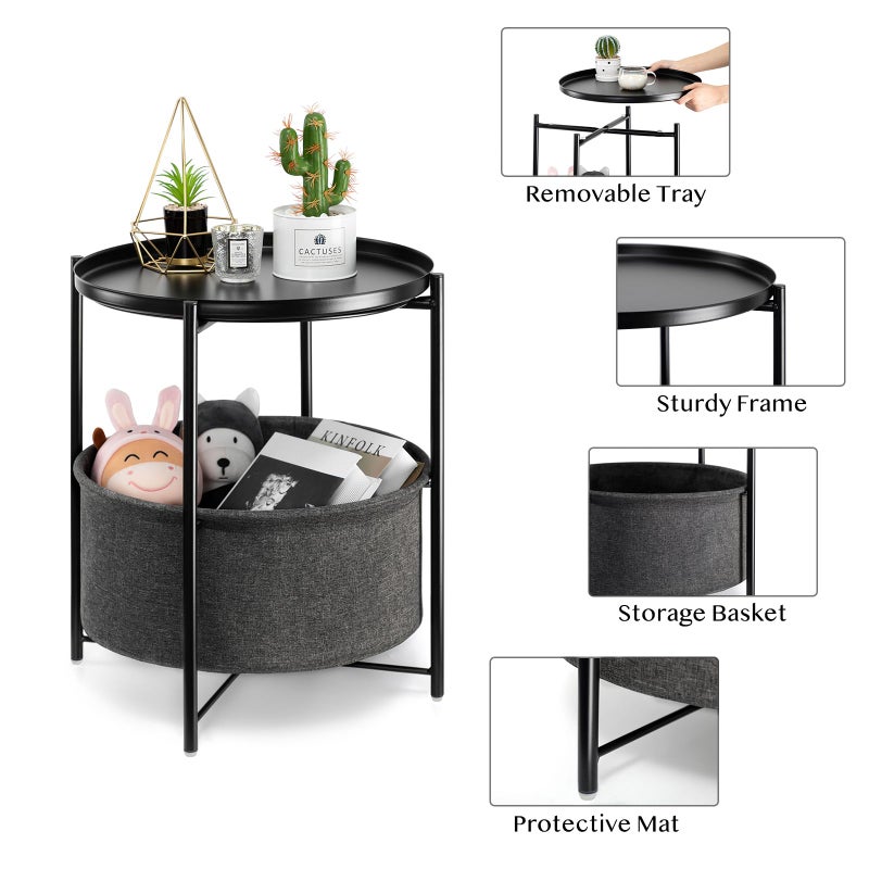 danpinera Round Side Table with Fabric Storage Basket, Metal Small Bedside Nightstand Removable Tray Top for Living Room, Bedroom, Nursery, Laundry, Ink Black - Image 3