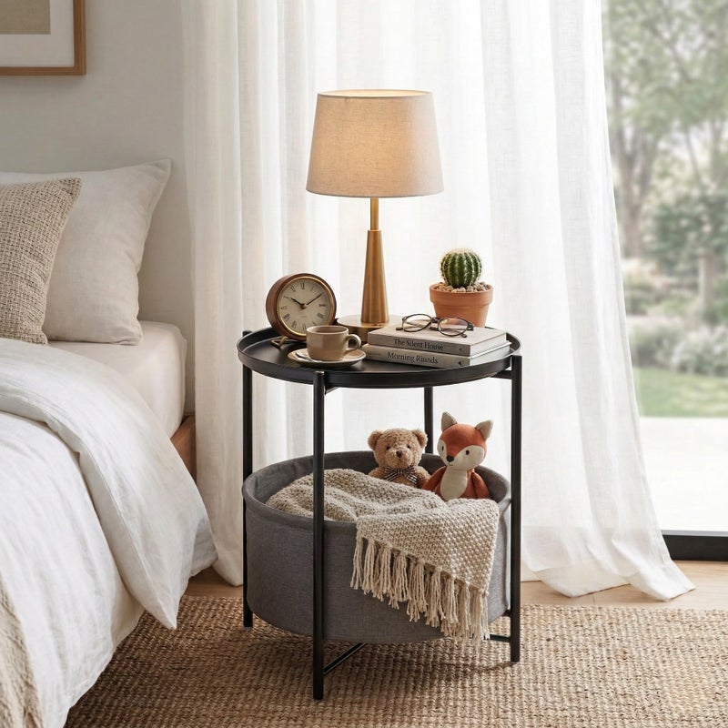 danpinera Round Side Table with Fabric Storage Basket, Metal Small Bedside Nightstand Removable Tray Top for Living Room, Bedroom, Nursery, Laundry, Ink Black - Image 4