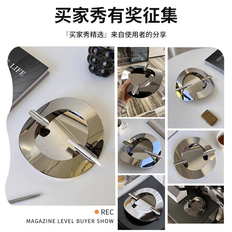 رماديات من الفولاذ المقاوم للصدأ عالية الجودة ديكور بسيط فاخر خفيف مضاد للرماد الطائر لغرفة المعيشة منزل معدني فضي سطح منحني رماديات - Image 3