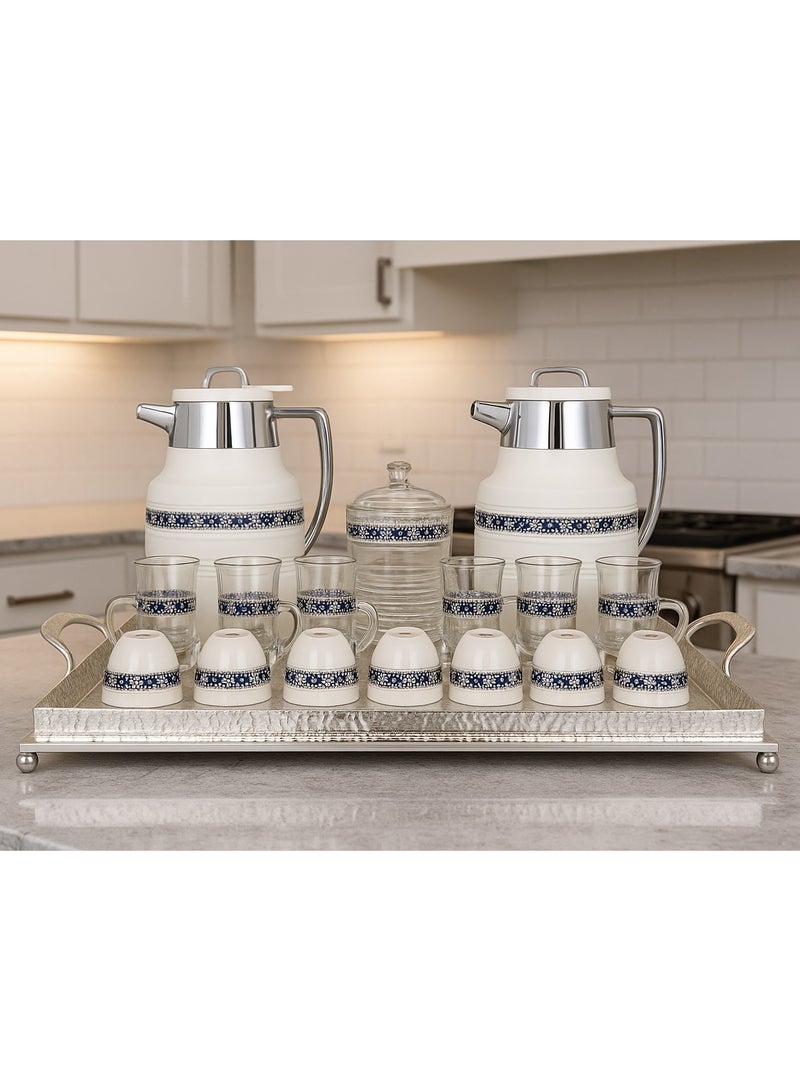 Damanhoor 22Piece Arabic Tea & Coffee Set Elegant Silver Design with Thermoses Glass Cups & Tray 12 Hours Heat Retention - Image 1