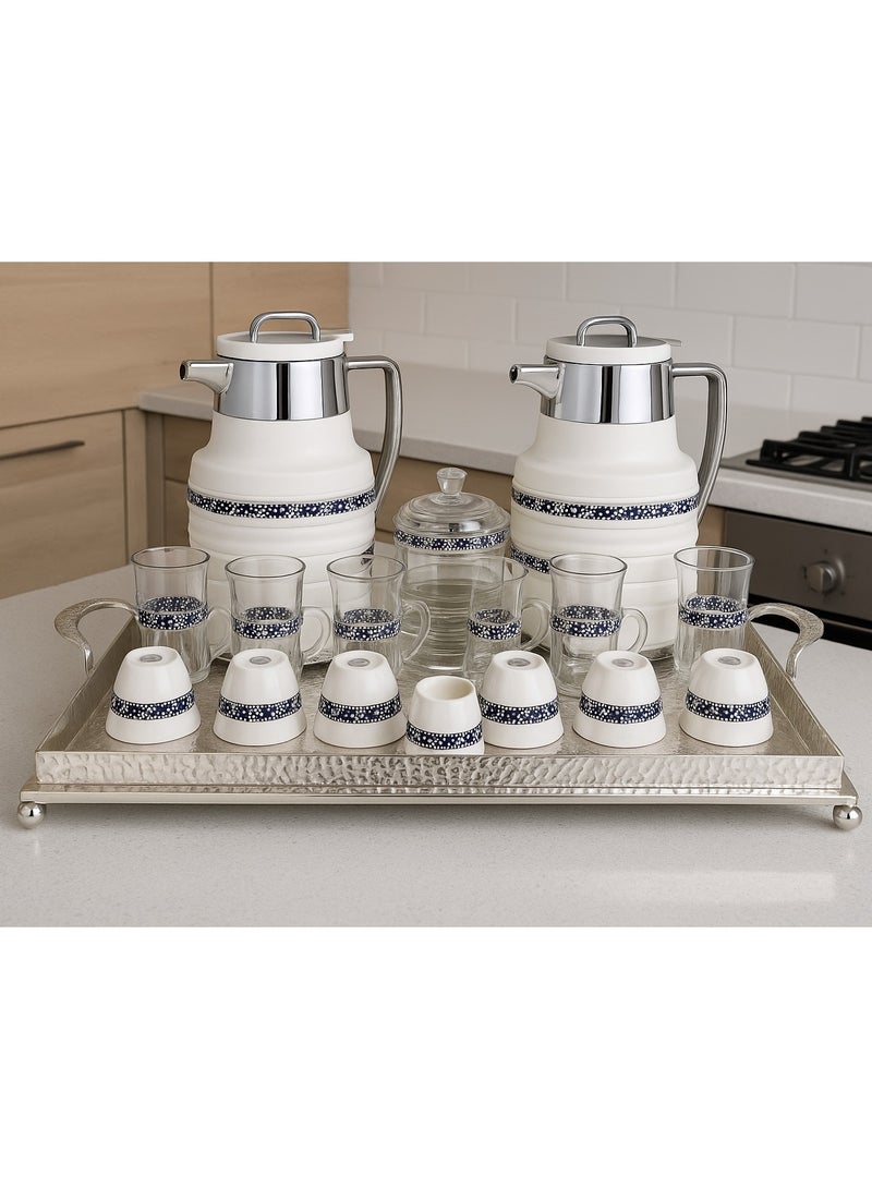 Damanhoor 22Piece Arabic Tea & Coffee Set Elegant Silver Design with Thermoses Glass Cups & Tray 12 Hours Heat Retention - Image 2