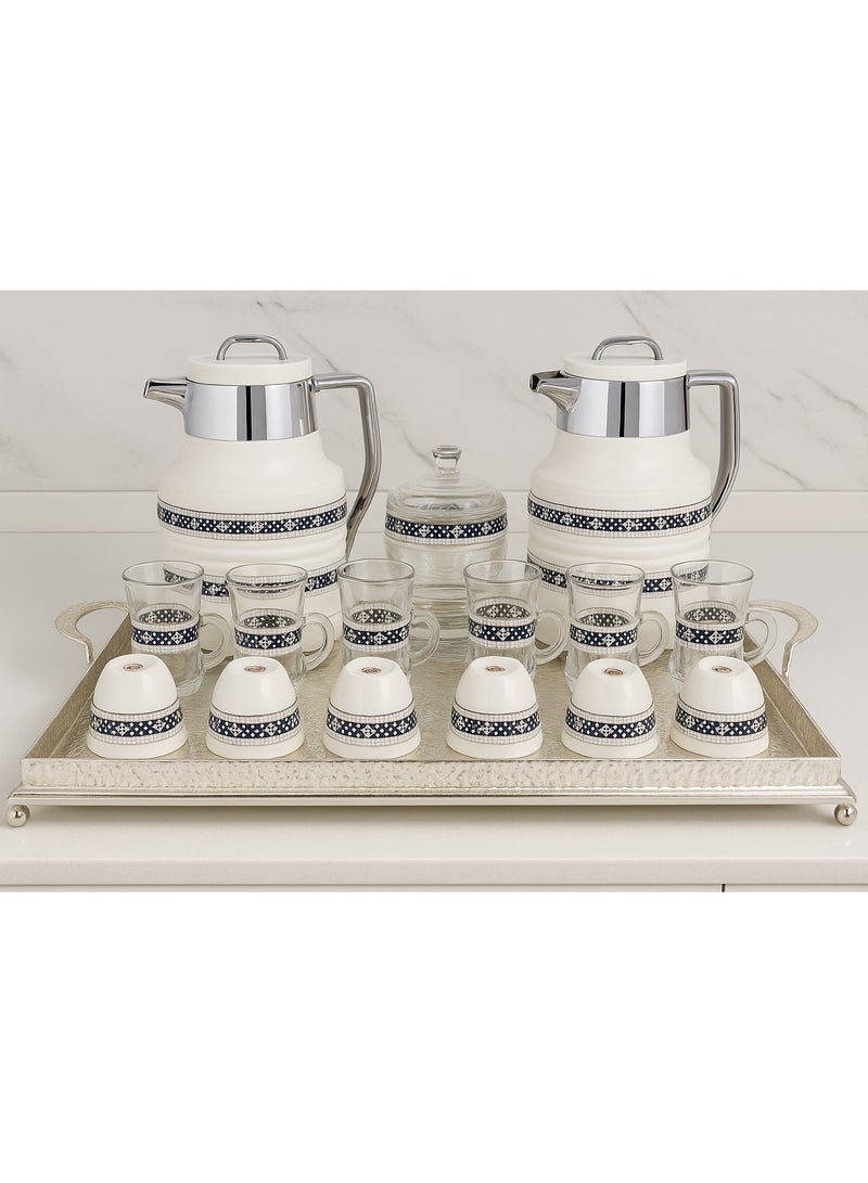 Damanhoor 22Piece Arabic Tea & Coffee Set Elegant Silver Design with Thermoses Glass Cups & Tray 12 Hours Heat Retention - Image 3