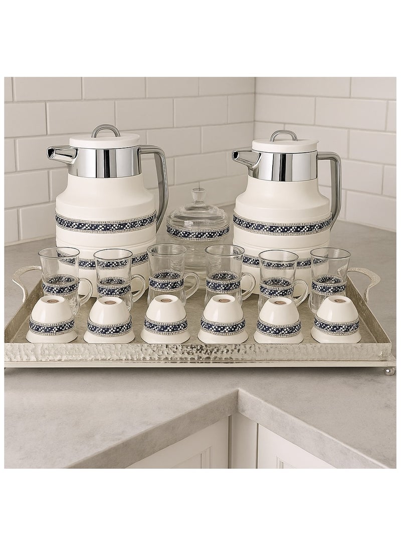 Damanhoor 22Piece Arabic Tea & Coffee Set Elegant Silver Design with Thermoses Glass Cups & Tray 12 Hours Heat Retention - Image 4