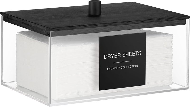 TIPGO Acrylic Dryer Sheet Holder with Lid, Clear Laundry Sheets Container with 27 Labels, Laundry Pods Storage for Laundry Room Organization - Black - Image 1