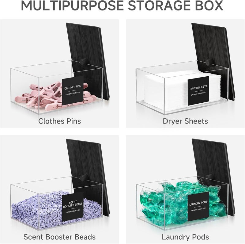 TIPGO Acrylic Dryer Sheet Holder with Lid, Clear Laundry Sheets Container with 27 Labels, Laundry Pods Storage for Laundry Room Organization - Black - Image 2