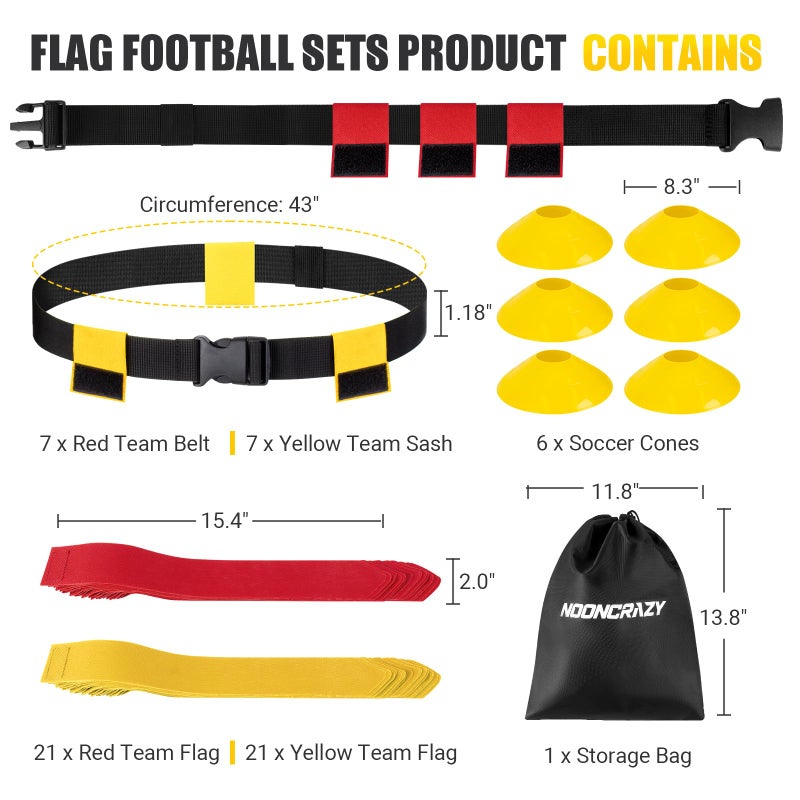 nooncrazy Flag Football Belts, 14 Player Flag Football Set with Belts, Flags, Soccer Cones & Bag for Kids, Youth & Adult, Adjustable Flag Football Equipment for Max Waist Circumference of 43" - Image 3