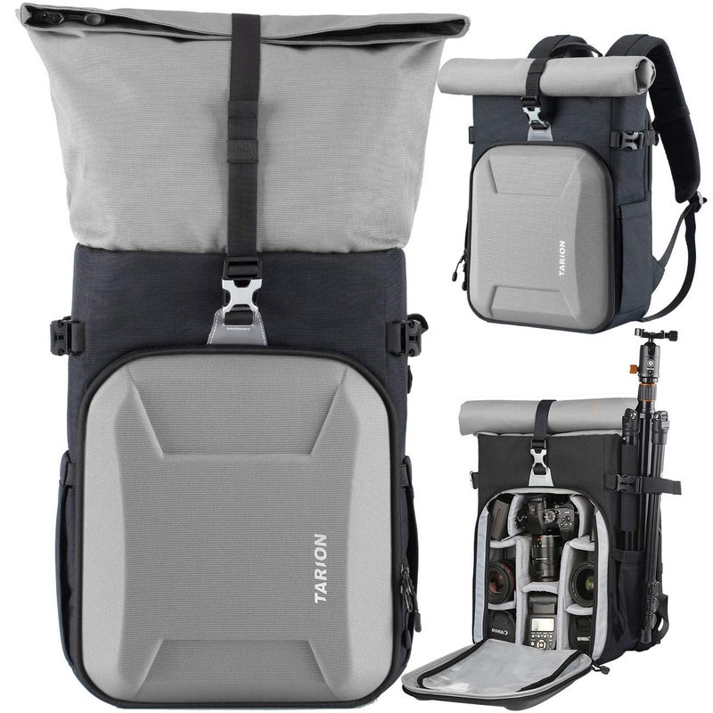 TARION XH Camera Bag Hardcase Camera Case Roll Top Camera Backpack | 15" Laptop Compartment Waterproof Raincover for DSLR Mirrorless Cameras Lens Tripod Outdoor Men Women Color Silver - Image 1