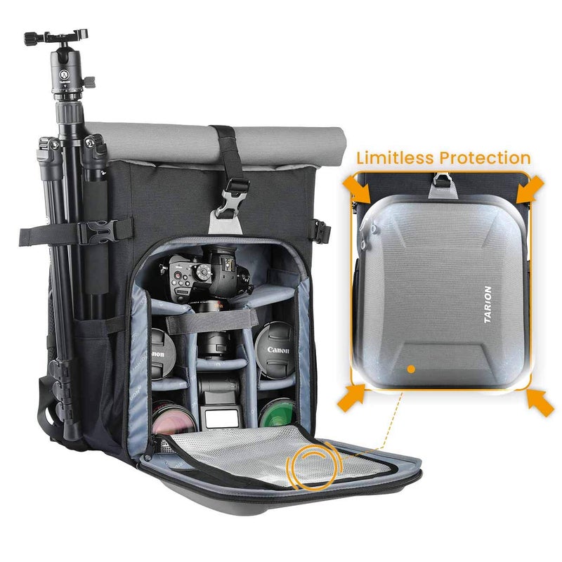 TARION XH Camera Bag Hardcase Camera Case Roll Top Camera Backpack | 15" Laptop Compartment Waterproof Raincover for DSLR Mirrorless Cameras Lens Tripod Outdoor Men Women Color Silver - Image 2