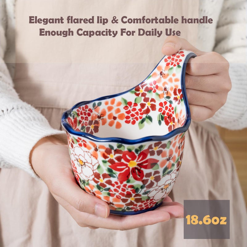 ALMA Handpainted Microwavable Soup Bowl with Loop Handle 18.6oz, Cereal Bowl With Handle Great for Berry, Fruits, Chili, Stew, Ice cream,Floral Soup Mug for Women - Image 4
