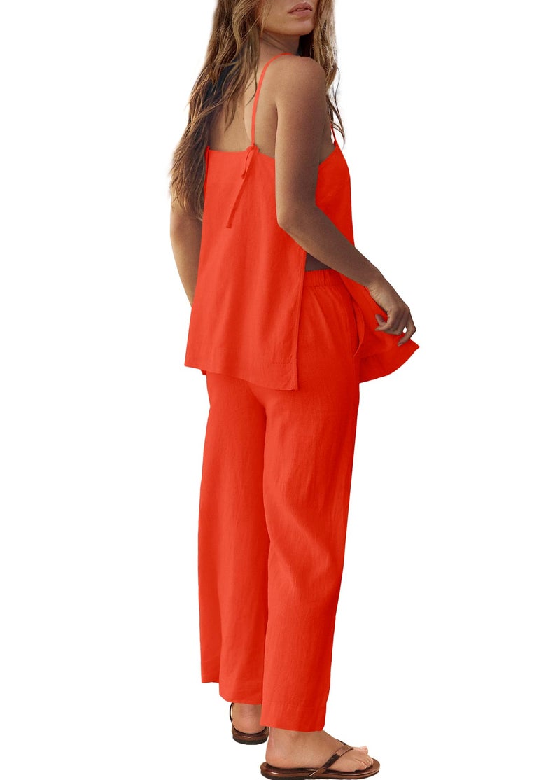 Panadila 2 Piece Linen Set Summer Travel Beach Vacation Outfit Sexy Spaghetti Strap Tank Top and Pants with Pockets(Orange Red,XS) - Image 3