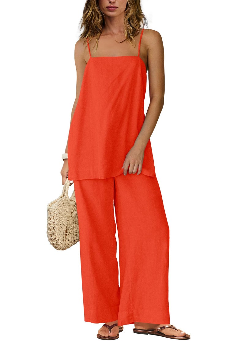 Panadila 2 Piece Linen Set Summer Travel Beach Vacation Outfit Sexy Spaghetti Strap Tank Top and Pants with Pockets(Orange Red,XS) - Image 2