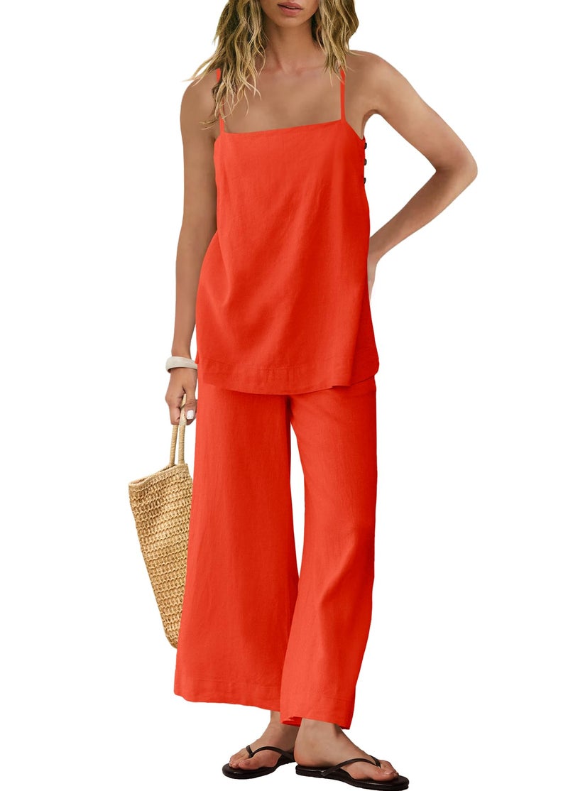 Panadila 2 Piece Linen Set Summer Travel Beach Vacation Outfit Sexy Spaghetti Strap Tank Top and Pants with Pockets(Orange Red,XS) - Image 1