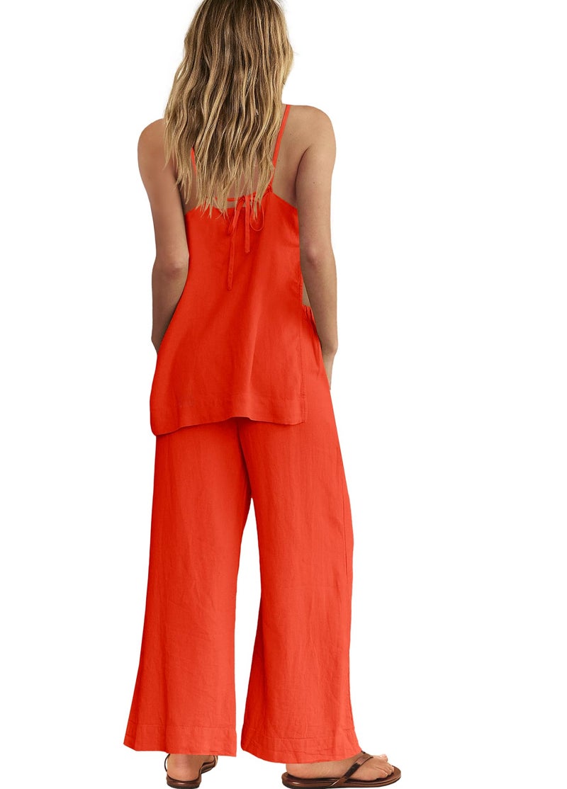 Panadila 2 Piece Linen Set Summer Travel Beach Vacation Outfit Sexy Spaghetti Strap Tank Top and Pants with Pockets(Orange Red,XS) - Image 4